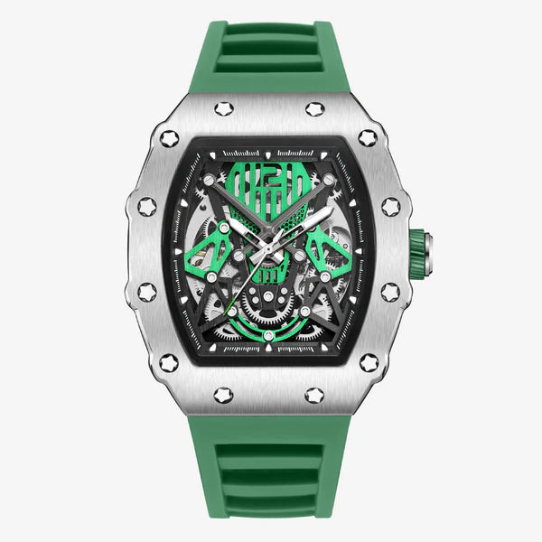 Green watch with a detailed face on a white background