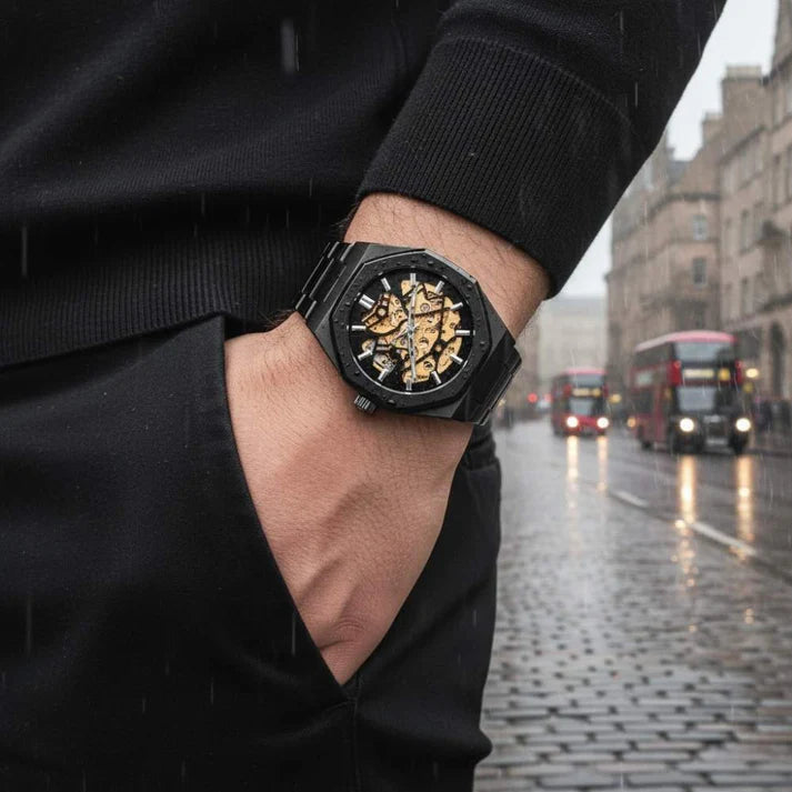 Person wearing a black watch with gold details on a city street.
